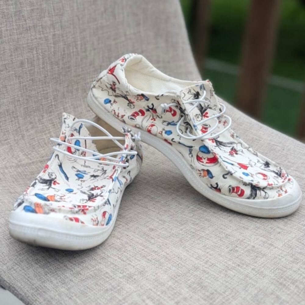 Dr Seuss Cat in the Hat Shoes Canvas Slip On Sneakers Bungee Lace Womens 9 / 40